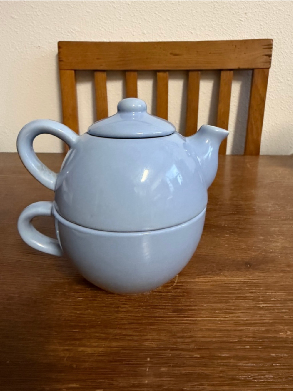 Pier 1 Imports Tea For One Stackable Teapot Cup Lid Set Blue Stoneware China